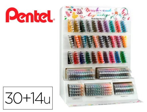 Pincel Pentel Brush Sign Pen com Ponta Dupla Expositor com 30 Cores e 14 Estojos