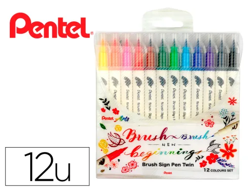 Pincel Pentel Brush Sign Pen com Ponta Dupla Estojo com 12 Unidades