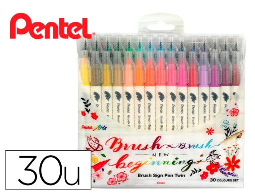 Pincel Pentel Brush Sign Pen com Ponta Dupla Estojo com 30 Unidades