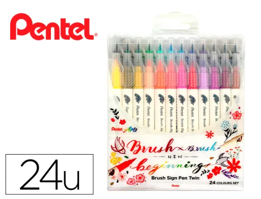 Pincel Pentel Brush Sign Pen com Ponta Dupla Estojo com 24 Unidades