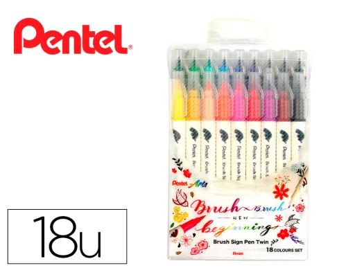 Pincel Pentel Brush Sign Pen com Ponta Dupla Estojo com 18 Unidades