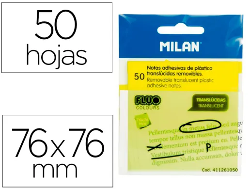 Bloco de Notas Adesivas Milan 76x76 mm Removivel Plastico Translucido Amarelo Fluor 50 Folhas