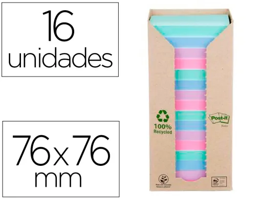 Bloco de Notas Adesivas Post-it 76x76 mm 100% Reciclado Pefc em Torre Pack de 16 Unidades Cores Sortidas