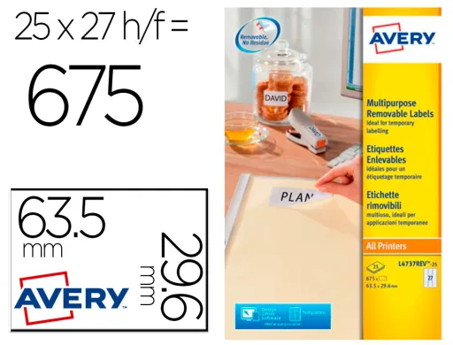 Etiqueta Adesiva Avery Branca Removivel Impressora Laser Injecao de Tinta e Fotocopiadora 63,5x29,6 mm Caixa de 675 Uds