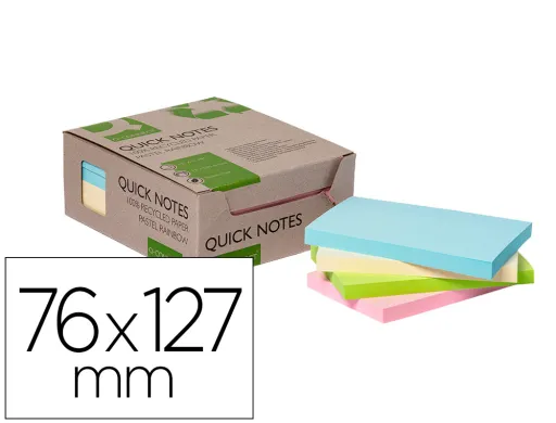 Bloco de Notas Adesivas Q-Connect 76x127 mm 100% Papel Reciclado Cores Pastel Caixa de Cartão