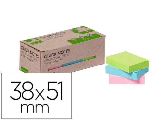 Bloco de Notas Adesivas Q-Connect 38x51 mm 100% Papel Reciclado Cores Pastel Caixa de Cartão