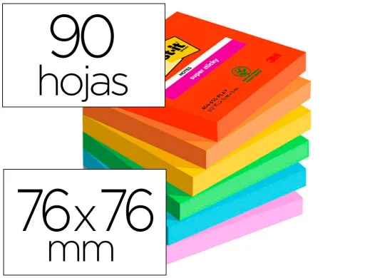 Bloco de Notas Adesivas Post-it Super Sticky Playful 76x76 mm 90 Folhas 100% Pefc Pack de 6 Unidades