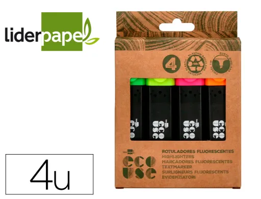 Marcador Liderpapel Ecouse Fluorescente Fabricado com 68% Plastico Reciclado Caixa de 4 Unidades Cores Sortidas