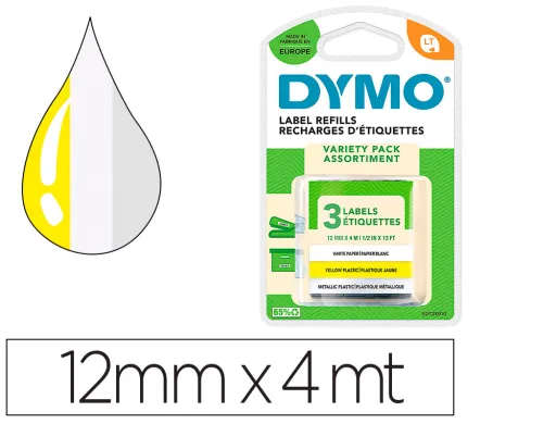 Fita Dymo Metalizada Letratag 12mm X 4mt Papel Branco/Plástico Amarelo/Metalizada Pack de 3 Unidades