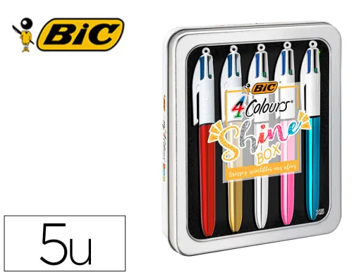 Esferográfica Bic Quatro Cores Shine Box Caixa Metálica 5 Unidades Sortidas