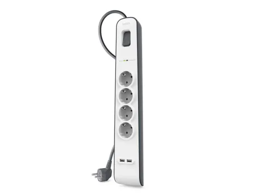 Extensão Eletrica Belkin Bsv401vf2m Proteção Sobretensão 4 Tomadas + 2 Portas USB Botao Corte Corrente Cor Branco/Cinza