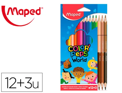 Lápis de Cor Maped Color Peps World Caixa de 12 Cores Sortidas + 3 Duo Tons de Pele