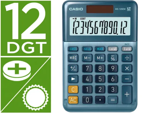 Calculadora Casio ms-120em Secretária 12 Digitos Tx +/- Tecla Duplo Zero Cor Azul