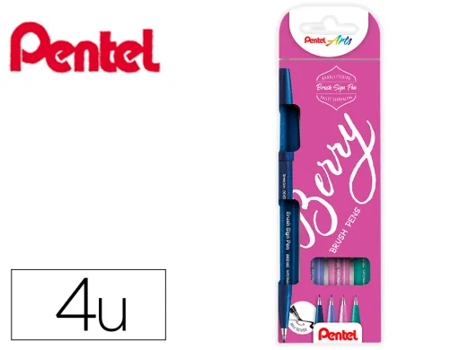 Caneta Pincel Pentel Touch em Blister de 4 Cores Berry Azul Preto Violeta Azul Verde Turquesa Rosa Violeta