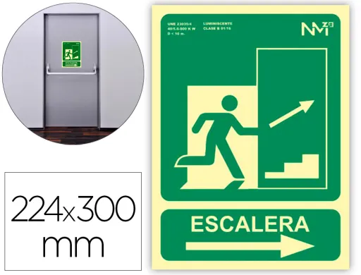 Pictograma Archivo 2000 Saida Emergencia Escada Subir Direita Pvc Verde Luminiscente 224x300 mm