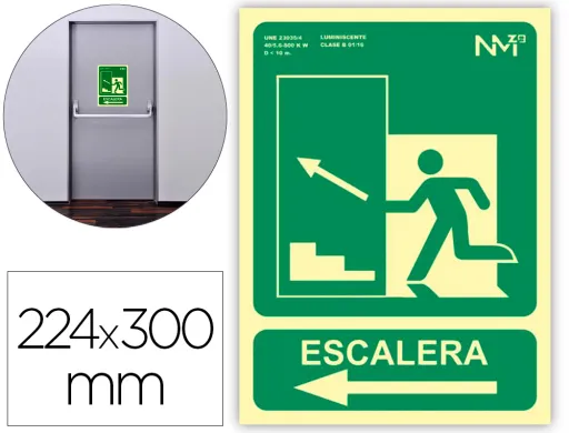 Pictograma Archivo 2000 Saida Emergencia Escada Subir Esquerda Pvc Verde Luminiscente 224x300 mm