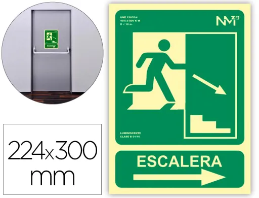 Pictograma Archivo 2000 Saida Emergencia Escada Descer Direita Pvc Verde Luminiscente 224x300 mm