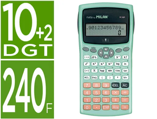 Calculadora Milan Cientifica M240 Silver 2 Linhas 240 Funções 10+2 Digitos Cor Verde Turquesa com Tampa Cor Prata