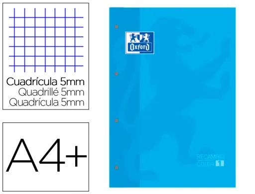 Recarga Cor 1 Oxford Din A4+ 80 Folhas 90 gr Quadricula 5 mm 4 Furos Cor Turquesa