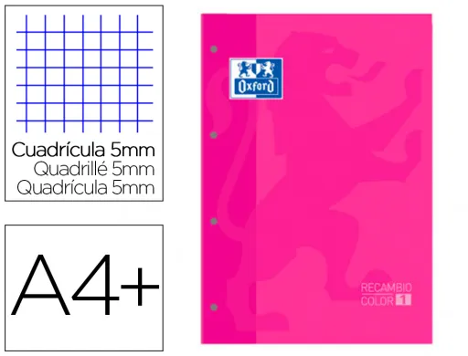 Recarga Cor 1 Oxford Din A4+ 80 Folhas 90 gr Quadricula 5 mm 4 Furos Cor Fucsia