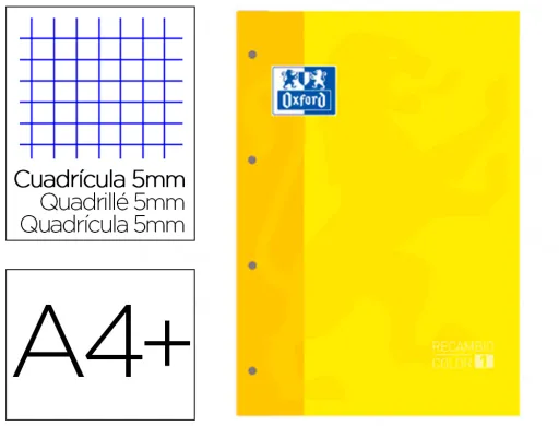 Recarga Cor 1 Oxford Din A4+ 80 Folhas 90 gr Quadricula 5 mm 4 Furos Cor Amarelo