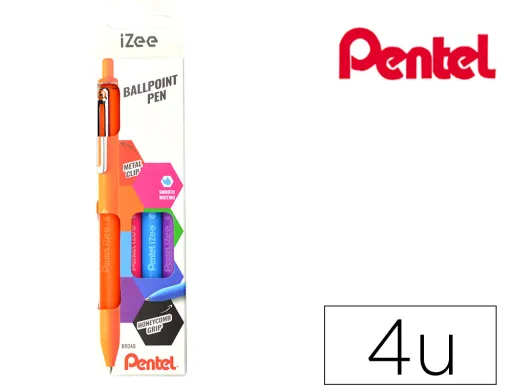 Conjunto com 4 Esferográficas Pentel Izee Ponta de 1,0mm Retrateis Cores Laranja Azul Ceurosa e Violeta