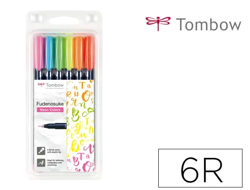 Marcador Tombow Ponta Pincel Dual Fudenosuke Ponta Dura Tinta Base de Agua Estojo de 6 Unidades Cores Neon Sortidas