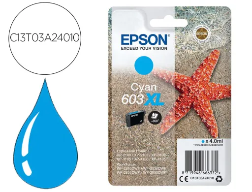 Tinteiro Epson 603xl xp-2100 / 2105 / 3100 / 4100 / wf-2810 / 2830 / 2835 / 2850 Ciano 350 Pag