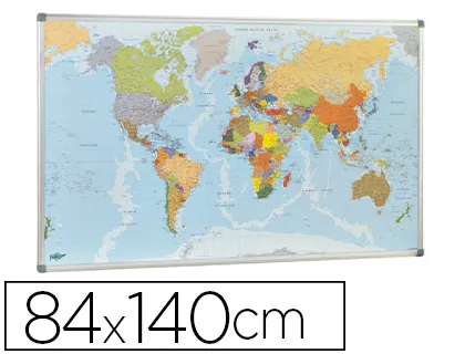 Mapa Parede Faibo Planisfero Politico Magnetico Moldura de Aluminio com Cantos de Protecao 84x140 cm