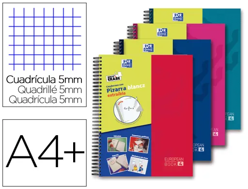 Caderno Espiral Oxford Europeanbook 5 Write&Erase School Classic Din A4+ 120 Folhas Quadricula 5 mm com Margem