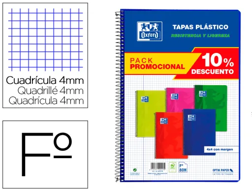 Caderno Espiral Oxford Capa Plástico Folio 80 Folhas Quadricula 4 mm Pack 4+1 Unidades Cores Vivas