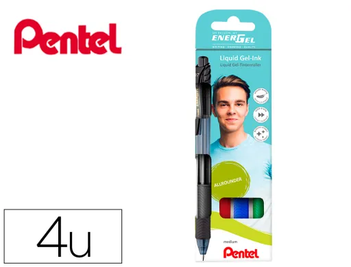 Roller Pentel Energel Bl107 em Blister de 4 Unidades Cores Preto, Vermelho, Azul e Verde