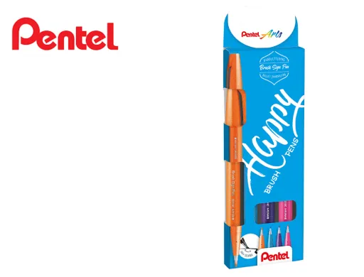 Caneta Pincel Pentel Artist em Blister de 4 Cores Azul Ceu, Violeta, Laranja e Rosa