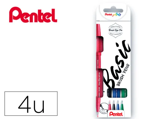 Caneta Pincel Pentel Artist em Blister de 4 Cores Preto Vermelho Azul e Verde