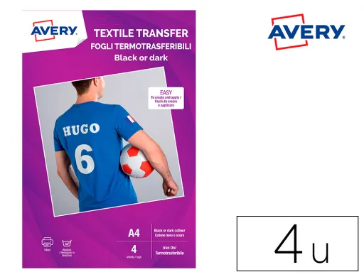 Papel Transfer Avery para Camisetas Algodon Colores Oscuros Ink-Jet Din A4 Pack de 4 Folhas