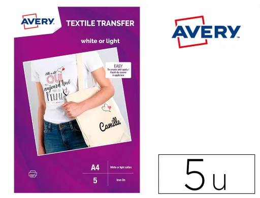 Papel Transfer Avery para Camisetas Algodon Color Branco Ink-Jet Din A4 Pack de 5 Folhas