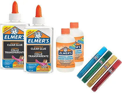 Kit Elmers Slime com 2 Frascos Cola Transparente + 2 Frascos Liquido Magico + 4 Frascos Purpurina Cores Sort