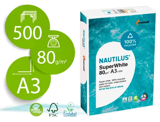 Papel Fotocopia Nautilus Superwhite 100% Reciclado Din A3 80 gr Pack de 500 Folhas