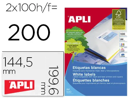 Etiqueta Adesiva Apli 2423 Tamanho 199,6x144,5 mm Fotocopiadora Laser Ink-Jet Caixa com 100 Folhas Din A4