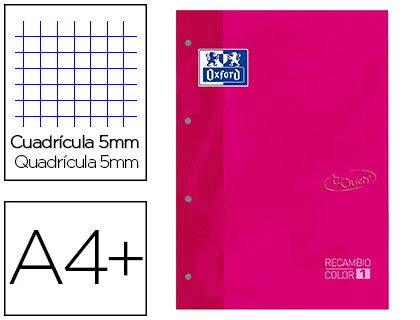 Recarga Color 1 Oxford Din A4+ 80 Folhas 90 gr Quadricula 5 mm Capa Suave 4 Furos Fucsia Touch