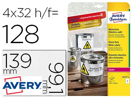 Etiqueta Adesiva Avery Poliester Branco 99,1x139 mm para Impressora Laser Pack de 32 Unidades