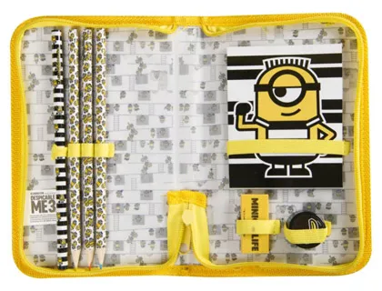 Estojo Minions com Caderno Borracha Apara Lápis e Lápis de Cores