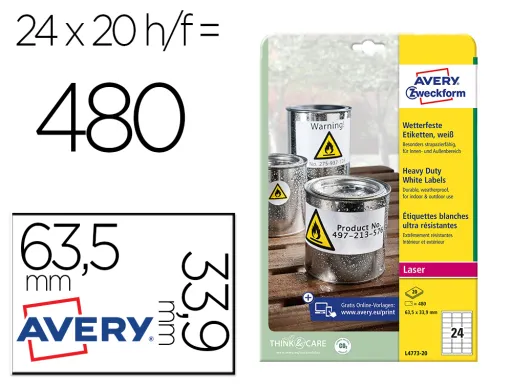 Etiqueta Adesiva Avery Poliester Branco 63,5x33,9 mm para Impressora Laser Pack de 480 Unidades