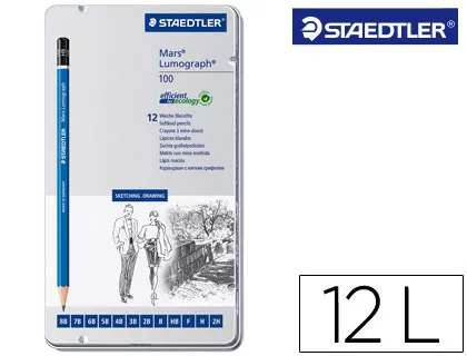 Lápis de Grafite Straedtler Mars Lumograph 100 Caixa Metálica de 12 Lápis 8b- 7b-6b-5b-4b-3b-2b-b-hb-f-h-2h