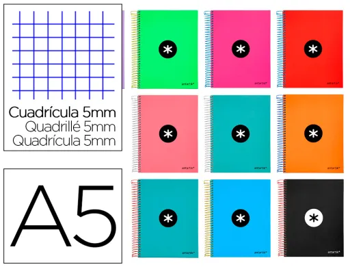 Caderno Espiral A5 Micro Antartik Capa Forrada 120 F 100g Quadricula 5 mm 5 Bandas 6 Furos Cores Sortidas