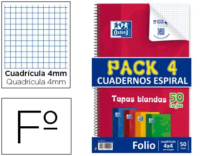 Caderno Espiral Oxford Capa Flexível Optik Paper Folio 50 Folhas 90 gr Quadricula 4 mm Pack de 4