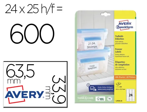 Etiqueta Adesiva Avery para Congelador Branca 63,5x33,9 mm Tinteiro Laser e Fotocopiadora Pack de 600