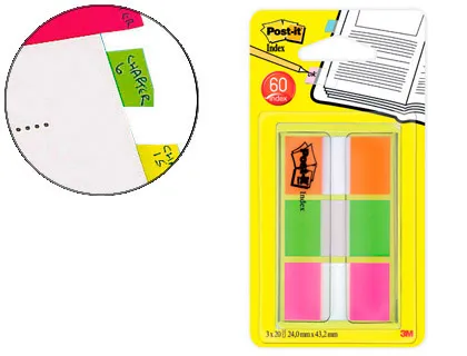 Bandas Separadoras Post-it Index 680 Laranja Lima e Rosa Dispensador Bolsa 3x20