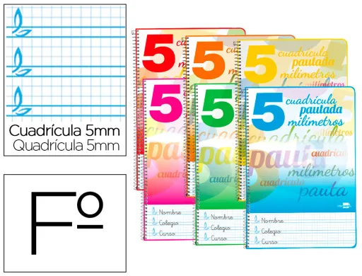 Bloc Espiral Tapa Cartoncillo Folio 80 Folhas Cuadriculado Pautado 5 mm 70 Grs Con Moto Colores Surtidos