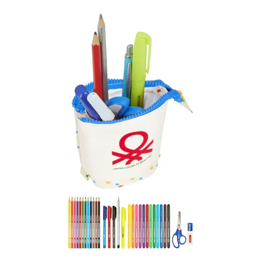 Estojo Escolar com Acessórios Benetton Topitos Branco (8 x 19 x 6 cm) (32 Peças)